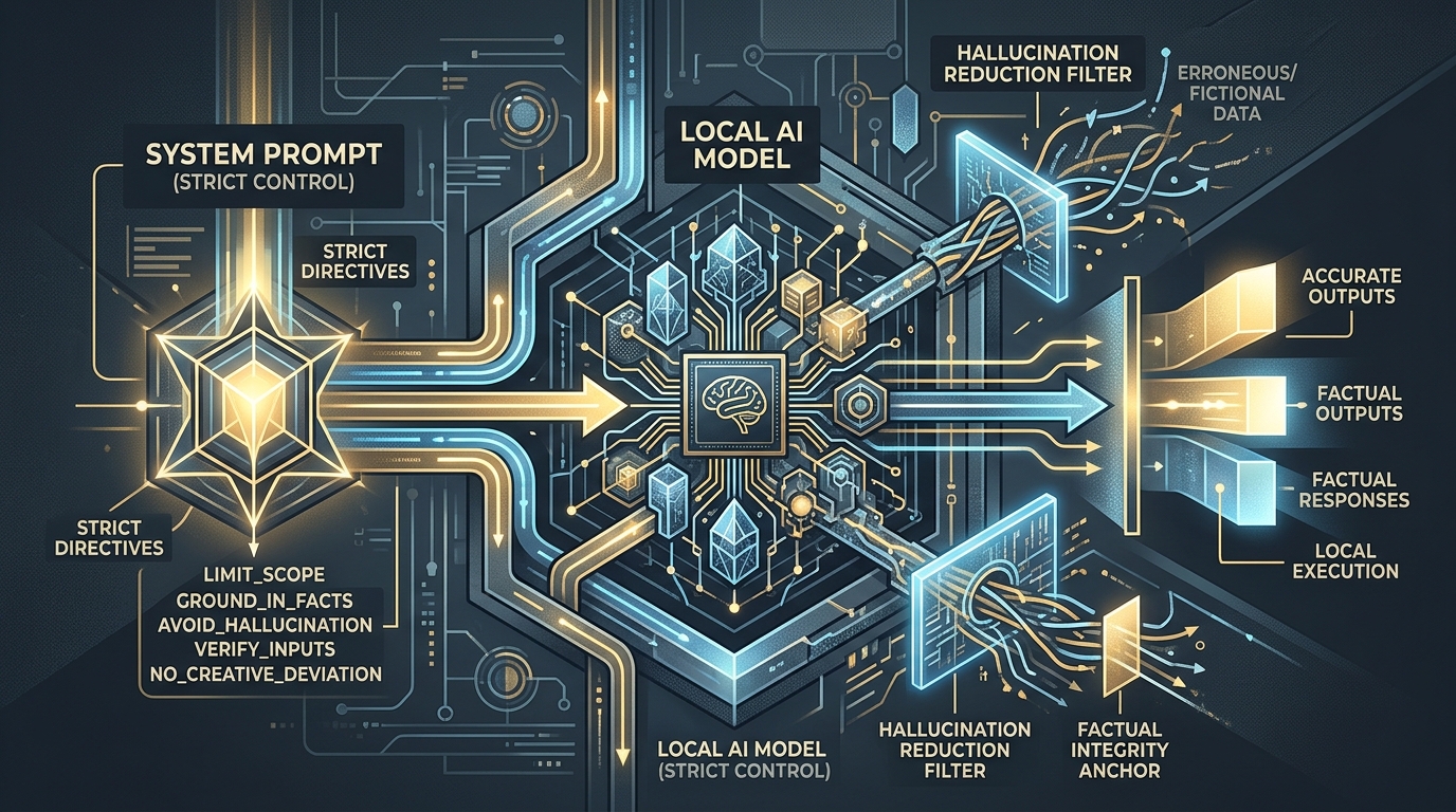 A conceptual image illustrating a strict system prompt guiding a local LLM to prevent hallucinations, emphasizing control and factual accuracy.