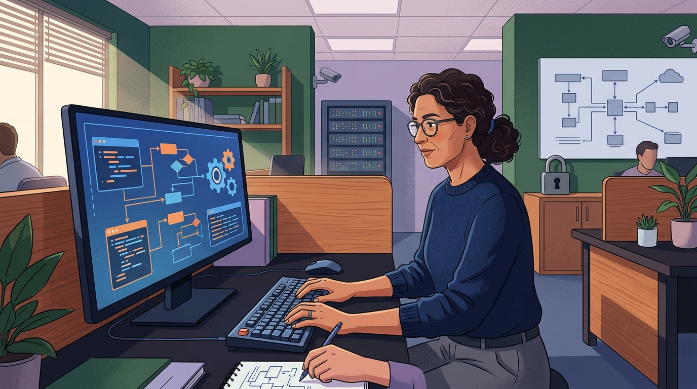 A system administrator is shown configuring automation on a secure local computer, symbolizing the concept of no-server automation and reduced cloud dependency.