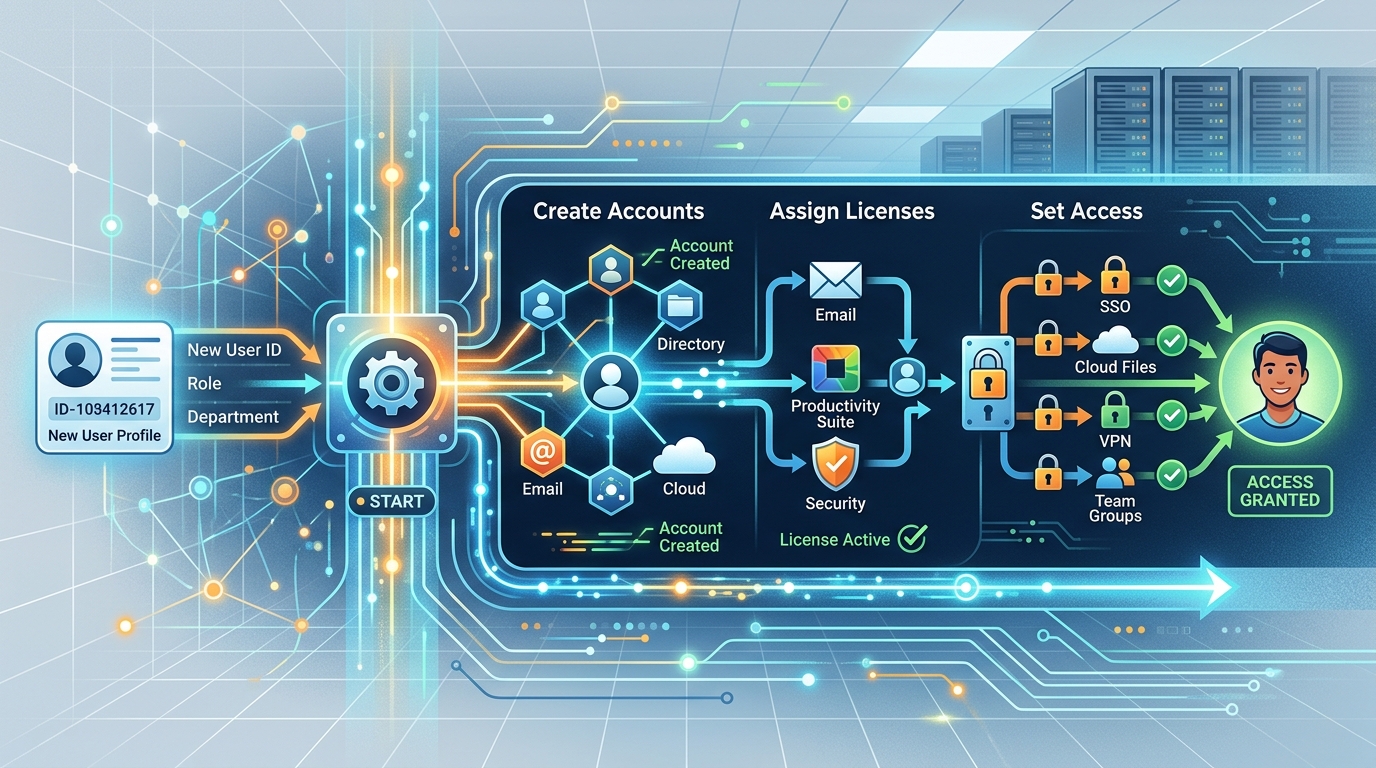A conceptual illustration of an automated sysadmin workflow for user onboarding, showing steps like account creation, license assignment, and access provisioning.