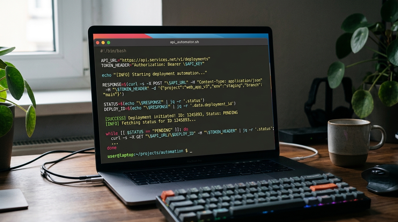 Terminal window displaying a bash script that automates Ollama tasks by interacting with its REST API.