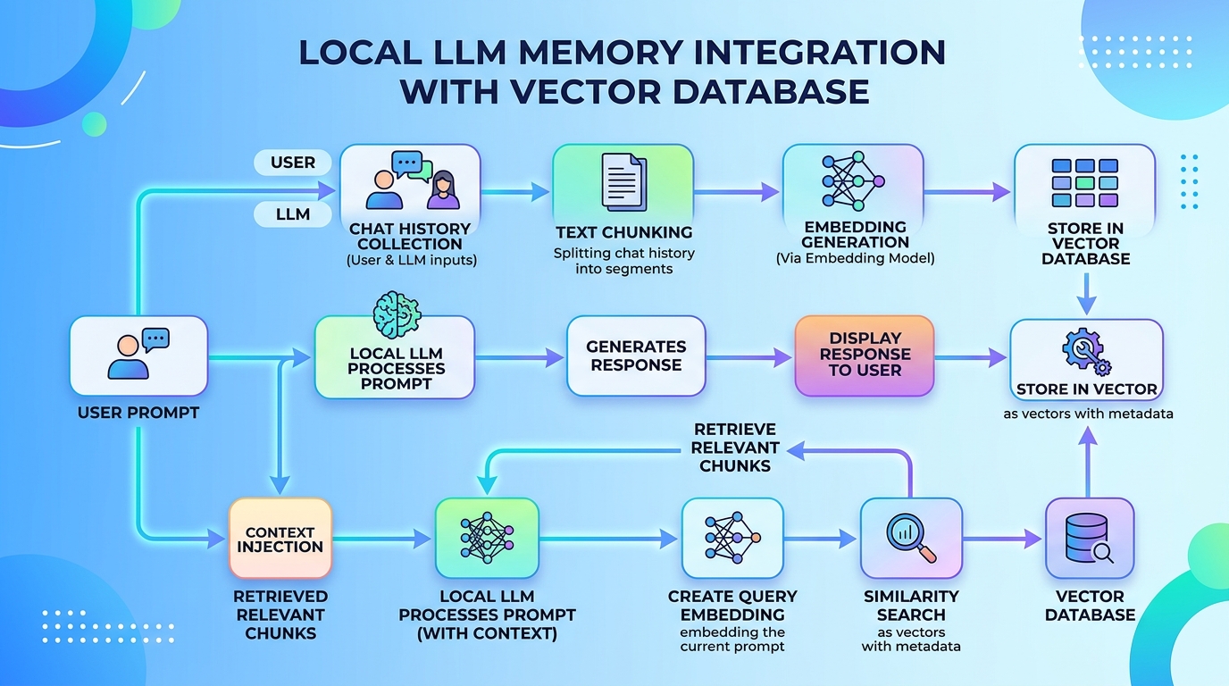 Flowchart detailing the integration process of a vector database for local LLM memory, from chunking and embedding chat history to retrieving relevant information for context injection.