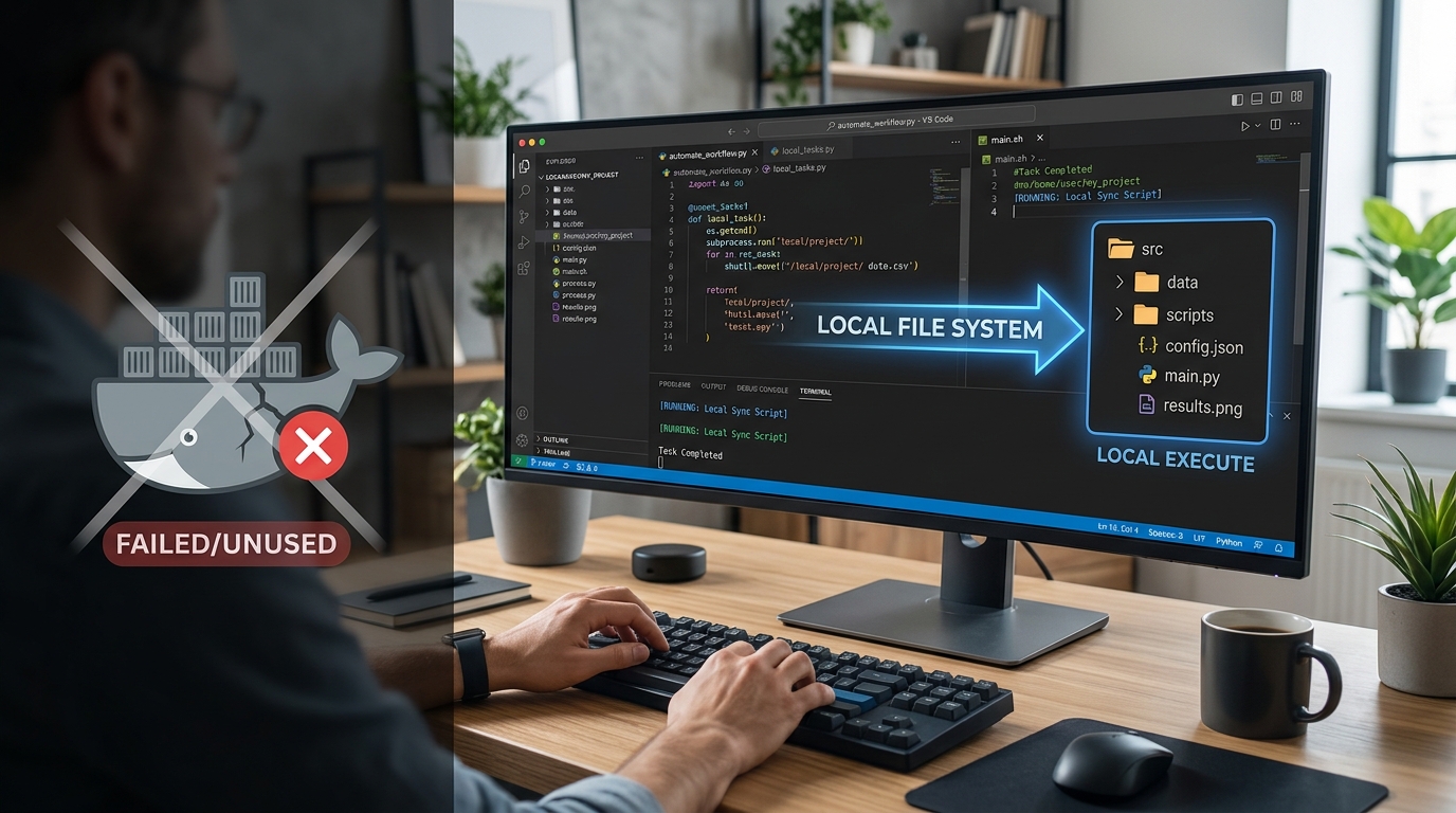 A visual representation of a desktop-first automation solution, highlighting the absence of Docker container requirements for local task orchestration.