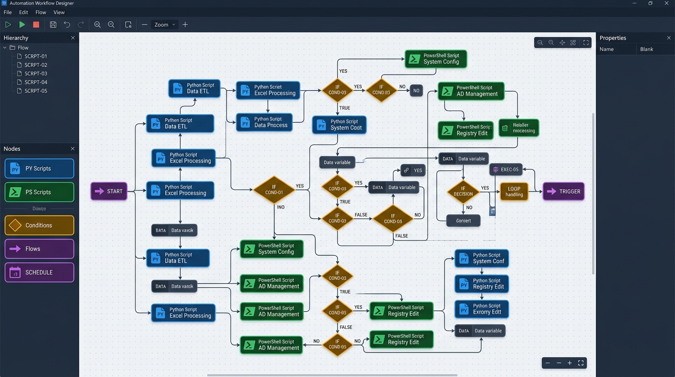 Visual workflow interface on Windows showing integration of Python and PowerShell scripts with node connections