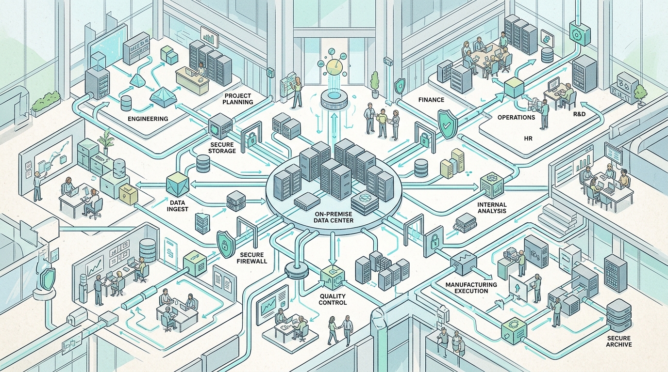 A diagram illustrating workflow automation processes that are entirely self-contained and do not rely on external cloud connections, emphasizing local execution.